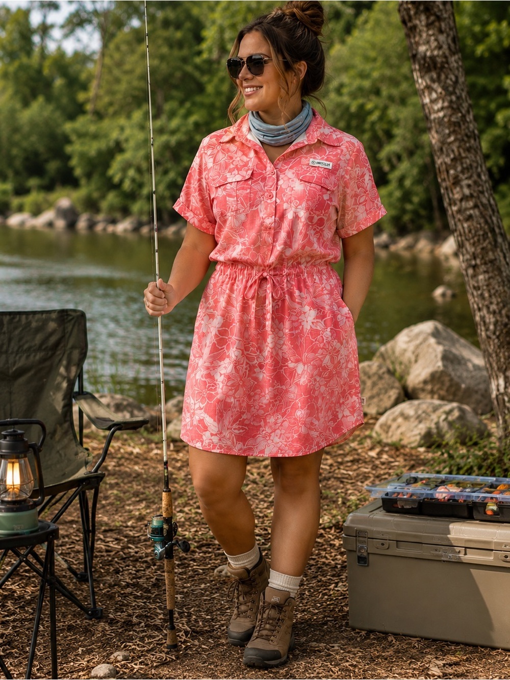 Magellan Outdoors Coral Floral Midi Dress Moisture Wicking Fish Gear Size L
